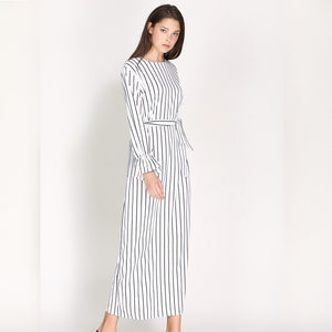 Wechery Striped Turmpet Sleeve Long Dress - Zainab's Closet