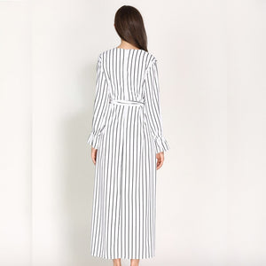 Wechery Striped Turmpet Sleeve Long Dress - Zainab's Closet