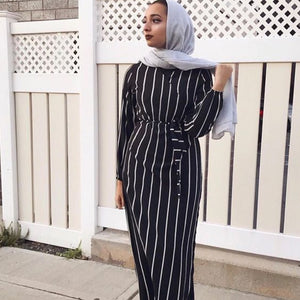 Wechery Striped Turmpet Sleeve Long Dress - Zainab's Closet