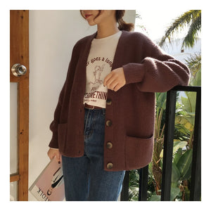 HSA Knitted V-neck Single Breasted Cardigan - Zainab's Closet