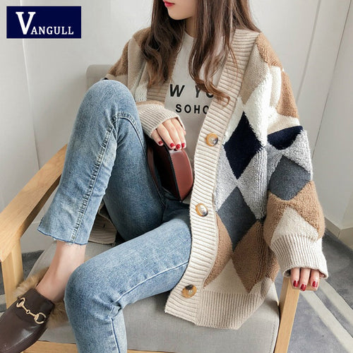 VANGULL Autumn Plaid V-Neck Single Breasted Cardigan - Zainab's Closet