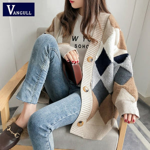 VANGULL Autumn Plaid V-Neck Single Breasted Cardigan - Zainab's Closet