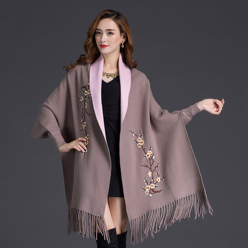 LuiseSandyHan Dual-Color Embroidered Shawl w/ Sleeves - Zainab's Closet