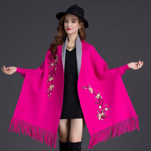 LuiseSandyHan Dual-Color Embroidered Shawl w/ Sleeves - Zainab's Closet
