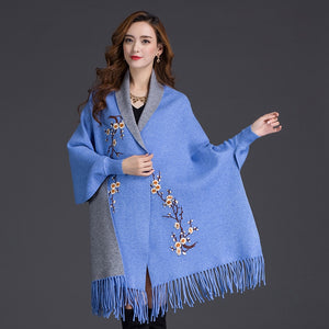 LuiseSandyHan Dual-Color Embroidered Shawl w/ Sleeves - Zainab's Closet