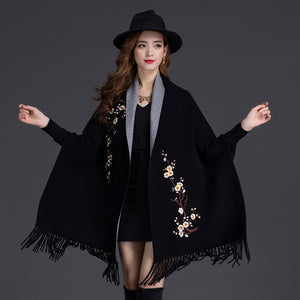 LuiseSandyHan Dual-Color Embroidered Shawl w/ Sleeves - Zainab's Closet