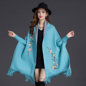 LuiseSandyHan Dual-Color Embroidered Shawl w/ Sleeves - Zainab's Closet