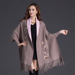 LuiseSandyHan Dual-Color Embroidered Shawl w/ Sleeves - Zainab's Closet