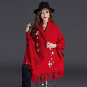 LuiseSandyHan Dual-Color Embroidered Shawl w/ Sleeves - Zainab's Closet