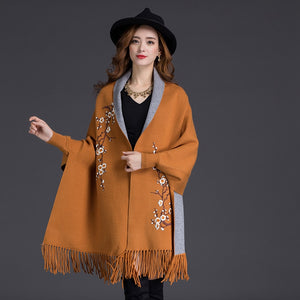 LuiseSandyHan Dual-Color Embroidered Shawl w/ Sleeves - Zainab's Closet