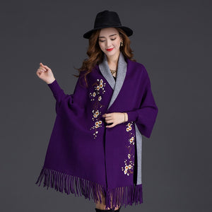 LuiseSandyHan Dual-Color Embroidered Shawl w/ Sleeves - Zainab's Closet