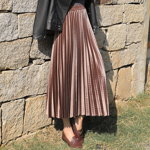 Yhz High Waist Velvet Pleated Vintage Maxi Skirt - Zainab's Closet