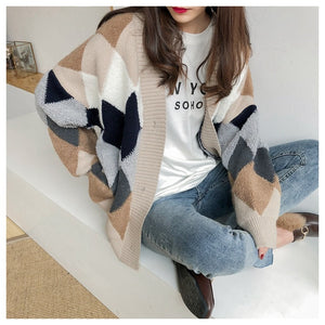 VANGULL Autumn Plaid V-Neck Single Breasted Cardigan - Zainab's Closet