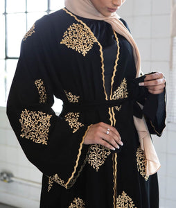 Kalenmos Dubai Embroidered Open Abaya Robe w/ Sash - Zainab's Closet