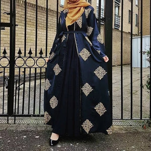 Kalenmos Dubai Embroidered Open Abaya Robe w/ Sash - Zainab's Closet