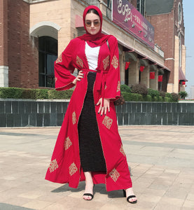 Kalenmos Dubai Embroidered Open Abaya Robe w/ Sash - Zainab's Closet