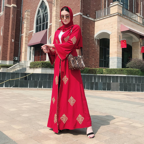 Kalenmos Dubai Embroidered Open Abaya Robe w/ Sash - Zainab's Closet