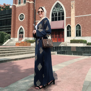 Kalenmos Dubai Embroidered Open Abaya Robe w/ Sash - Zainab's Closet