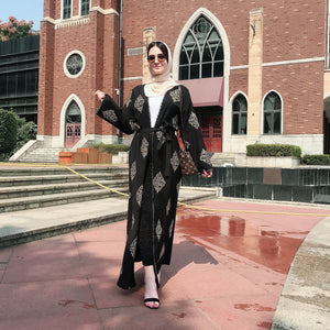 Kalenmos Dubai Embroidered Open Abaya Robe w/ Sash - Zainab's Closet