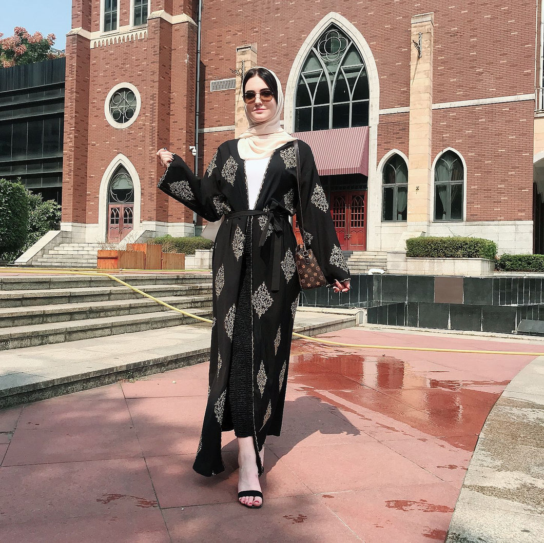 Kalenmos Dubai Embroidered Open Abaya Robe w/ Sash - Zainab's Closet
