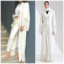 Load image into Gallery viewer, Delias White &amp; Black Lace Trim Pearl Embroidered Abaya Robe - Zainab&#39;s Closet