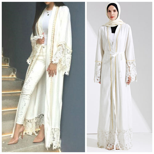 Delias White & Black Lace Trim Pearl Embroidered Abaya Robe - Zainab's Closet
