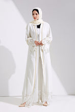 Load image into Gallery viewer, Delias White &amp; Black Lace Trim Pearl Embroidered Abaya Robe - Zainab&#39;s Closet