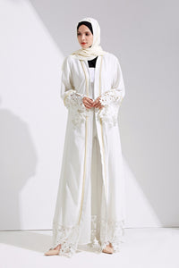 Delias White & Black Lace Trim Pearl Embroidered Abaya Robe - Zainab's Closet