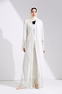 Delias White & Black Lace Trim Pearl Embroidered Abaya Robe - Zainab's Closet