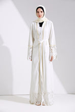 Load image into Gallery viewer, Delias White &amp; Black Lace Trim Pearl Embroidered Abaya Robe - Zainab&#39;s Closet