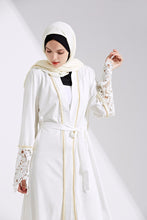 Load image into Gallery viewer, Delias White &amp; Black Lace Trim Pearl Embroidered Abaya Robe - Zainab&#39;s Closet