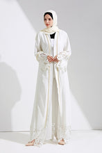 Load image into Gallery viewer, Delias White &amp; Black Lace Trim Pearl Embroidered Abaya Robe - Zainab&#39;s Closet