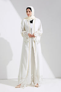 Delias White & Black Lace Trim Pearl Embroidered Abaya Robe - Zainab's Closet