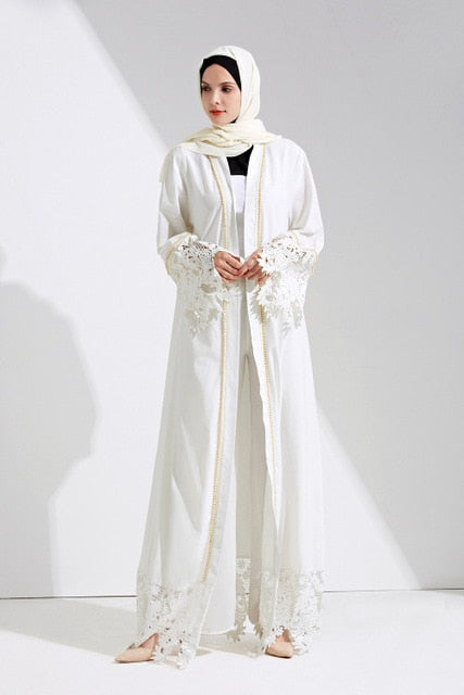Delias White & Black Lace Trim Pearl Embroidered Abaya Robe - Zainab's Closet