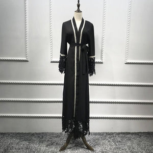 Delias White & Black Lace Trim Pearl Embroidered Abaya Robe - Zainab's Closet