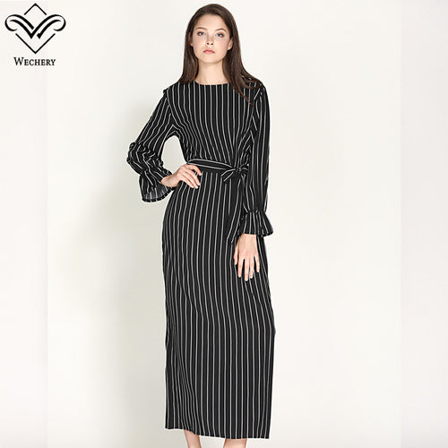 Wechery Striped Turmpet Sleeve Long Dress - Zainab's Closet