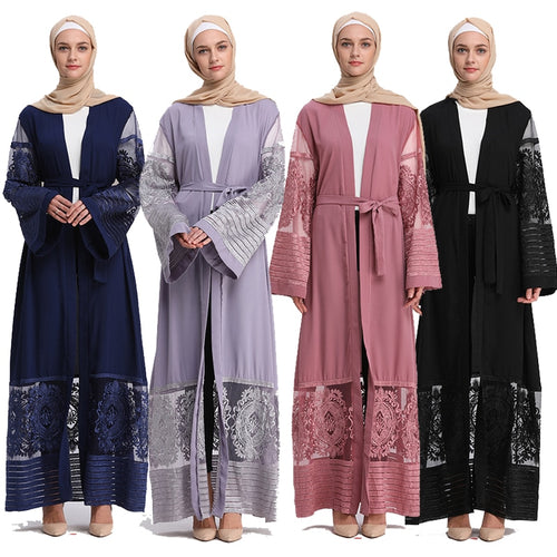AIFEIYIYI Dubai Lace Trim Abaya Robe w/ Sash - Zainab's Closet