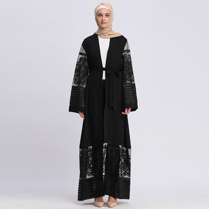 AIFEIYIYI Dubai Lace Trim Abaya Robe w/ Sash - Zainab's Closet