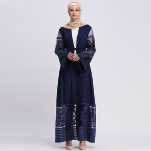 AIFEIYIYI Dubai Lace Trim Abaya Robe w/ Sash - Zainab's Closet