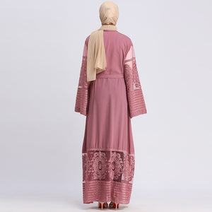 AIFEIYIYI Dubai Lace Trim Abaya Robe w/ Sash - Zainab's Closet