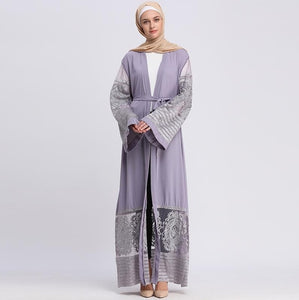 AIFEIYIYI Dubai Lace Trim Abaya Robe w/ Sash - Zainab's Closet